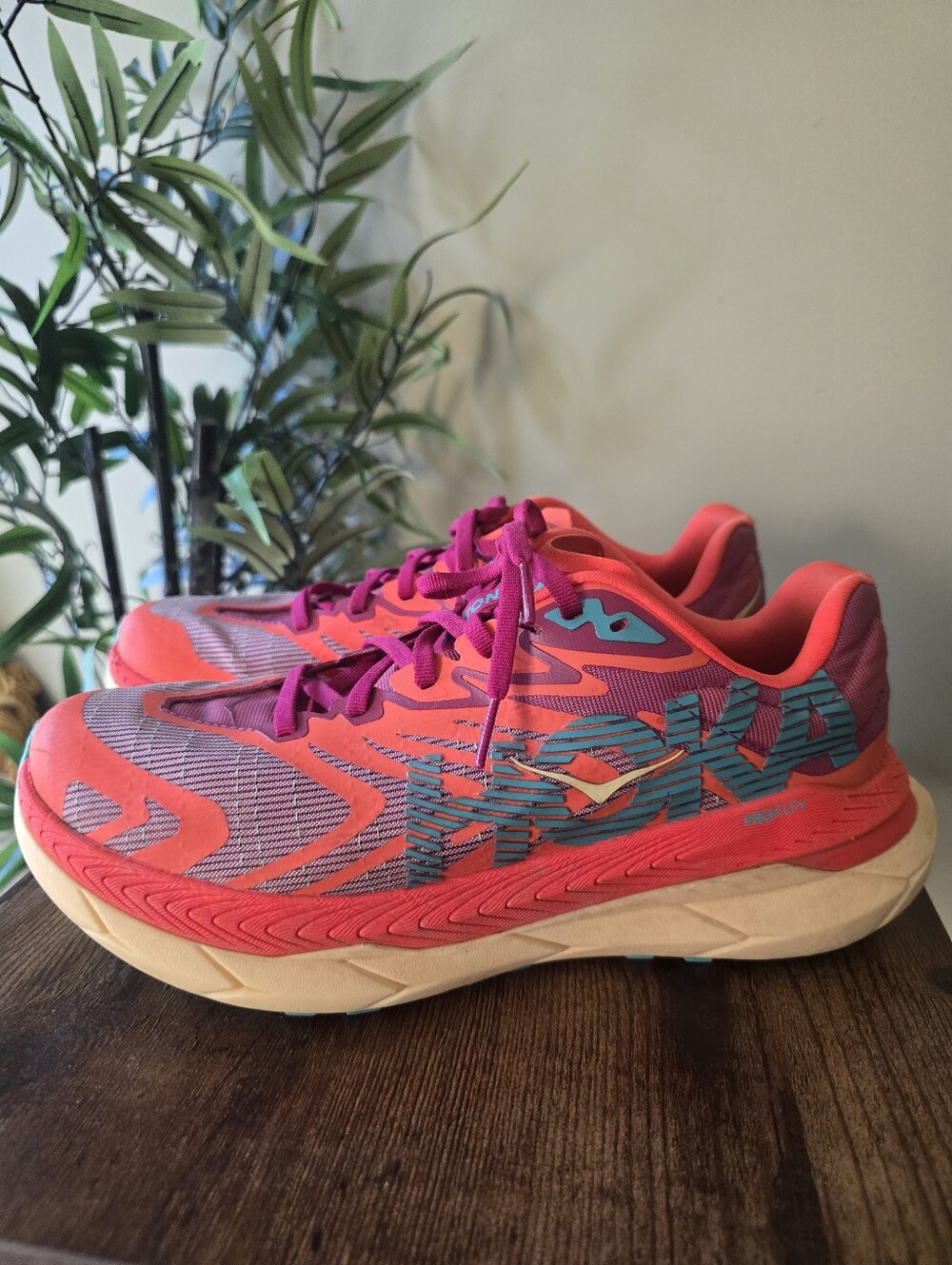 Hoka Women's Coral Pink & Teal Athletic Running Shoes, Size 8B